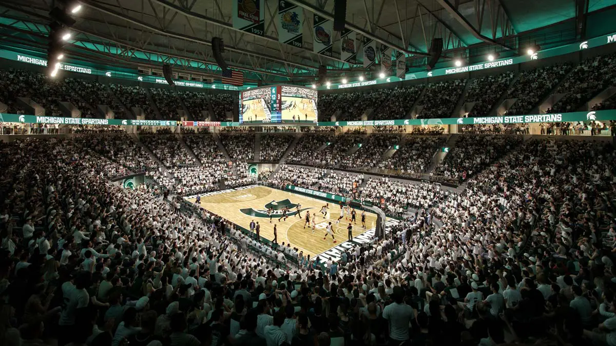 Aerial view of full basketball arena