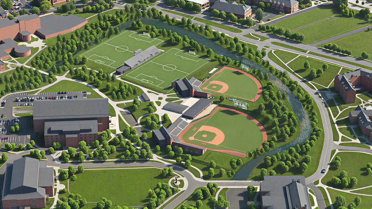 Aerial view of rendering of baseball facilities